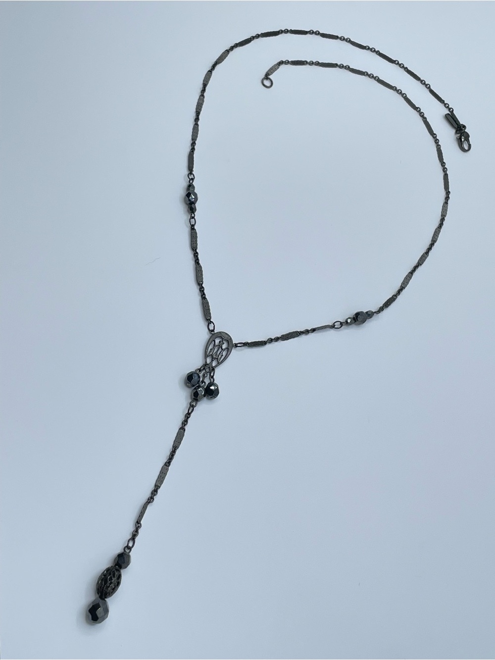 Vintage 1928 Black Crystal Beaded Y Drop Necklace Gunmetal Chain Gothic Art Deco
